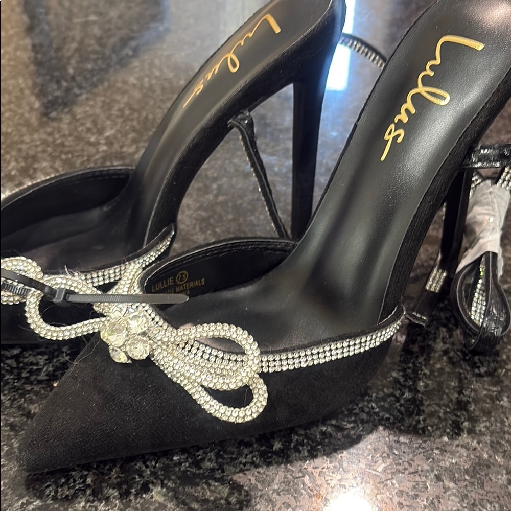Lulu's Black and Silver Heels with Crystal Bow